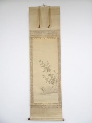 岸良筆　花鳥図　肉筆絹本掛軸（箱付）